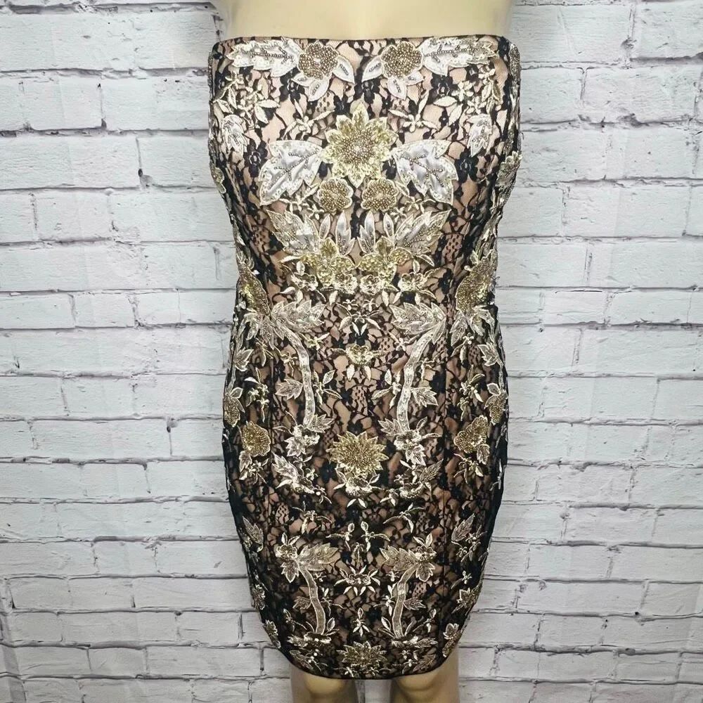 Sue Wong Womens Tan Black Beaded Embellished Metallic Strapless Dress Size 14